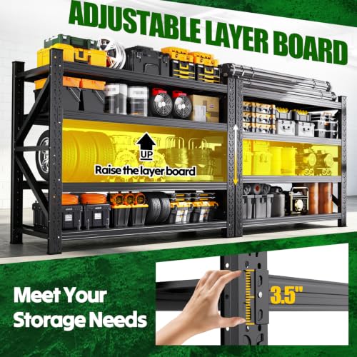 Heavy Duty Garage Shelving 4-Tier Adjustable Metal Storage Rack - 79"W x 74"H x 24"D, Black