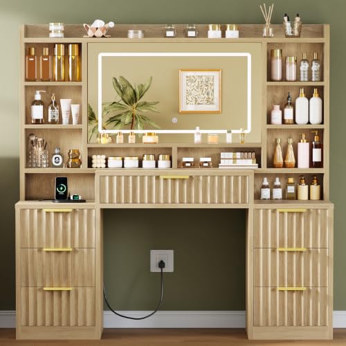 Lighted Vanity Desk with Mirror, 7 Drawers & 6 Open Shelves, USB & Outlet Power