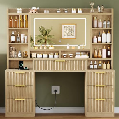 Lighted Vanity Desk with Mirror, 7 Drawers & 6 Open Shelves, USB & Outlet Power