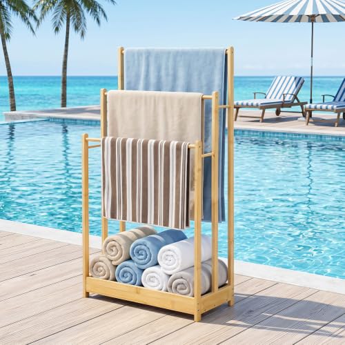 Giantex 3-Tier Free Standing Bamboo Towel Rack with Storage Shelf - Natural