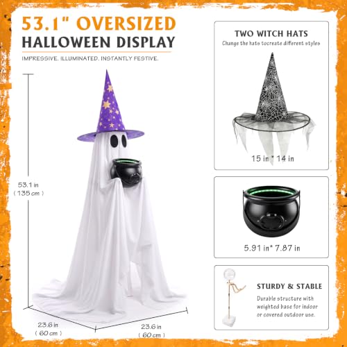 Halloween Ghost Decor with Lighted Cauldron - 53 Inch Large Trick-or-Treat Display