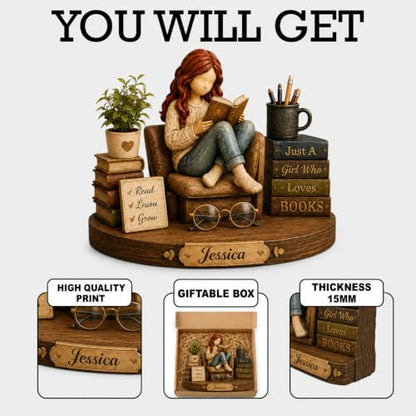 Personalized Book Lover Wooden Sign - Girl Who Loves Books Decor, Custom Gift for Readers
