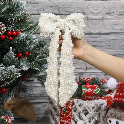 White Pearl Bow Christmas Tree Topper - Elegant Holiday Decor 11x5.7 Inches