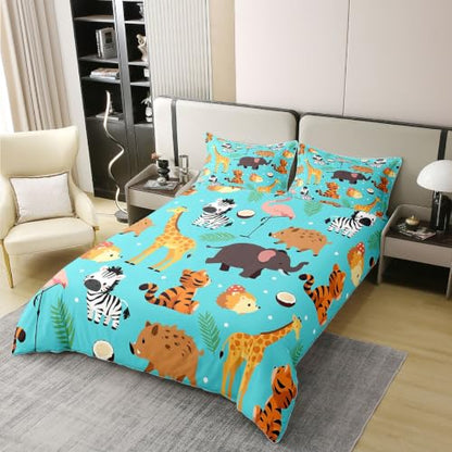 Blue Full Size Cartoon Animal Duvet Cover Set 3pcs - Tiger, Hedgehog, Zebra