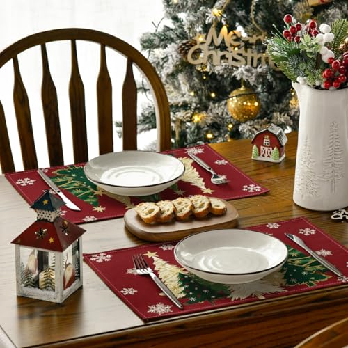 Christmas Placemats Set of 12 - Red Snowflakes & Trees, 12x18 Inches, Seasonal Table Decor