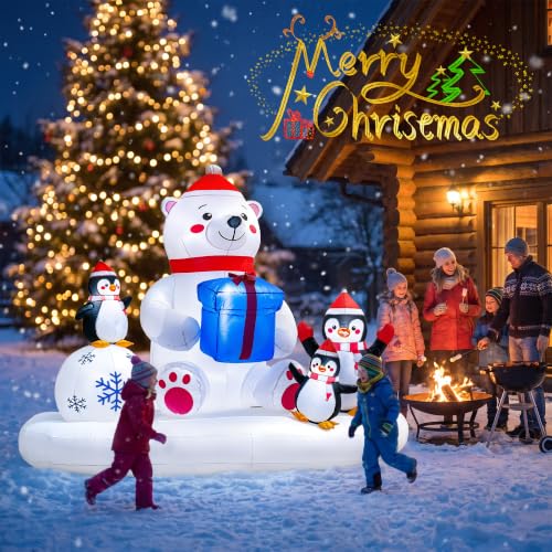 Polar Bear & Penguins Inflatable Christmas Yard Decoration - 8 Ft Lighted Outdoor Holiday Scene