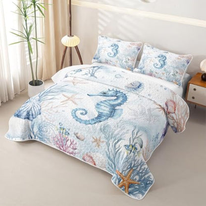 Kids Full Size Seahorse Quilt Set - Light Blue Nautical Marine Animal Bedding