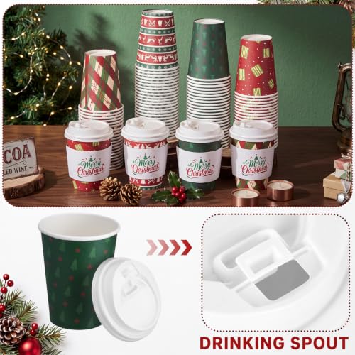 Christmas Paper Cups 9 oz Set with Sleeves and Lids - Red & Green Classic Design