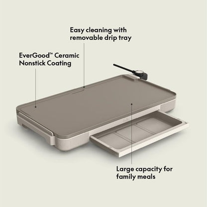 Bella Electric Griddle - 12" x 22" with Warming Tray & Nonstick Coating | 1500 Watt, Oatmilk Color