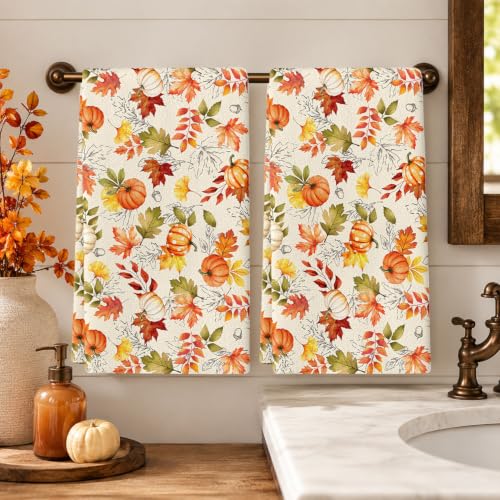 Autumn Hand Towels Set of 2 - Pumpkin and Maple Leaf Rustic Design, Orange Yellow