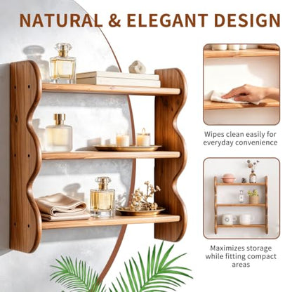 3 Tier Solid Wood Wall Shelf - Rustic Floating Storage Organizer, Brown