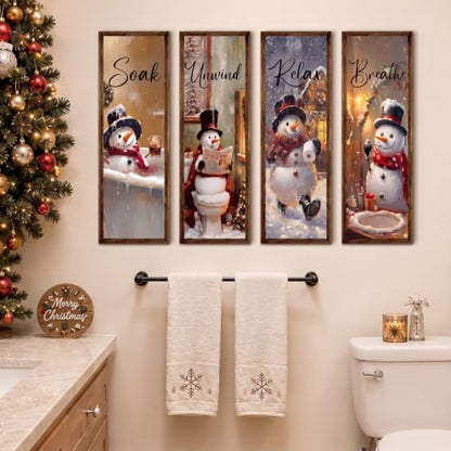 Christmas Snowman Bathroom Wall Decor Set - 4 Pcs Holiday Wall Signs - Unwind, Relax, Breathe