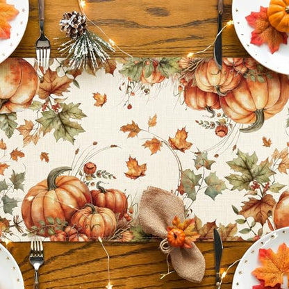 Fall Pumpkin Squirrel Table Runner - Autumn Thanksgiving Kitchen Decor 13x72 Inch - Squirrel Variation