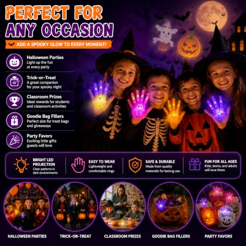 Halloween Finger Projector Rings 3-Pack - LED Ghost, Bat, Pumpkin Designs