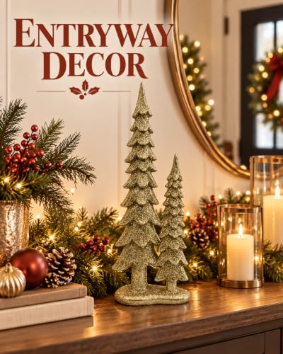 Set of 2 Gold Resin Christmas Tree Decorations - 12.75 Inch Holiday Figurines