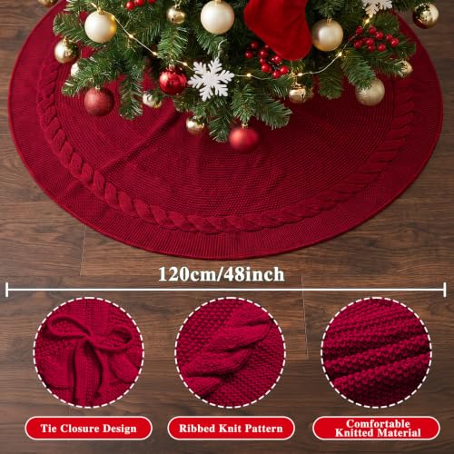 Benjia 48 Inch Knitted Christmas Tree Skirt Red 120cm Rustic Holiday Decor