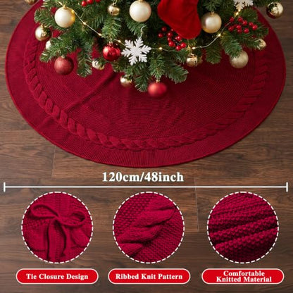 Benjia 48 Inch Knitted Christmas Tree Skirt Red 120cm Rustic Holiday Decor