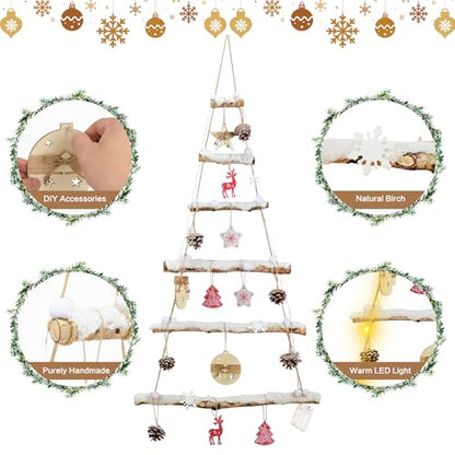 Large Snowy Birch Log Christmas Wall Tree with Lights & Accessories