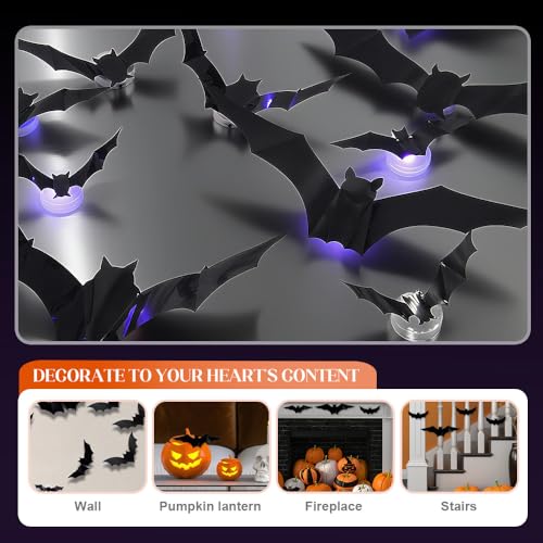 Halloween 3D Bat LED Light Wall Decor - Black 12 Pcs