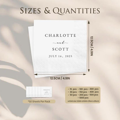 Personalized Wedding Cocktail Napkins Design 8 - Custom Couple Name & Date, Pack 50-500