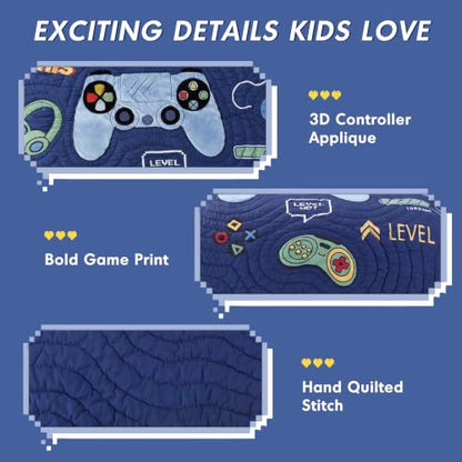 Kids Full/Queen Navy Blue Game Controller Quilt Set - 3 Piece Bedding