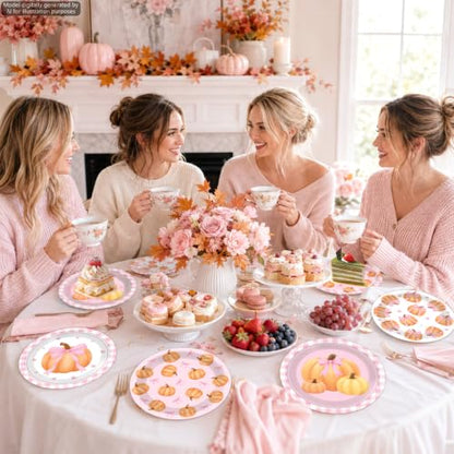 Pink Bow Pumpkin Paper Plates Set for Fall Thanksgiving Party - 48 Pieces
