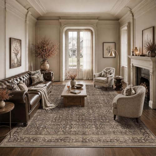 JOOJA 8x10 Dark Brown Vintage Low Pile Area Rug with Non-Slip Backing