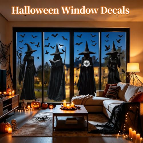 4 Large Halloween Window Clings for Decorations - Spiders, Bats, Pumpkins