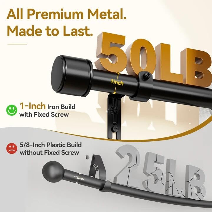 Black Curtain Rod 32-86 Inches Telescoping Metal Rod for Windows - 2 Pack