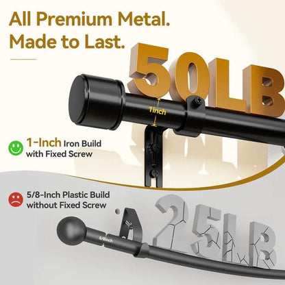 Black Curtain Rod 32-86 Inches Telescoping Metal Rod for Windows - 2 Pack