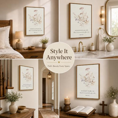 Psalm 34:8 Bible Verse Wall Art Framed Canvas Decor 24x16 Inches - Floral Scripture
