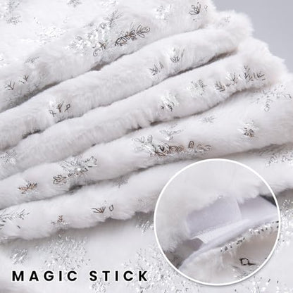 Christmas Tree Skirt 36 Inch Silver Snowflake Faux Fur Winter Decor - Fits Large Artificial Trees