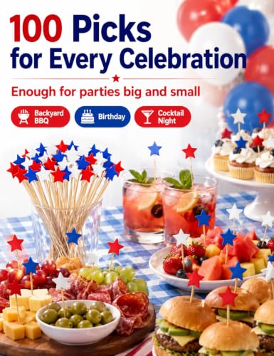 Red White Blue Star Cocktail Picks 100 Pcs - Patriotic Food & Drink Skewers