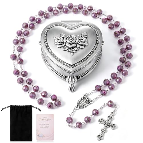 Catholic Handmade Rosary Necklace Beads Cross Set for Women Men with Purple Flower Beads