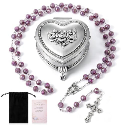 Catholic Handmade Rosary Necklace Beads Cross Set for Women Men with Purple Flower Beads