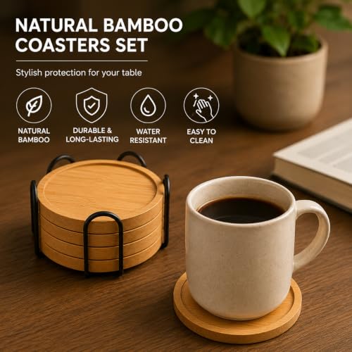 Bamboo Coaster Set with Holder - Natural Water-Resistant Drink Coasters for Home & Office