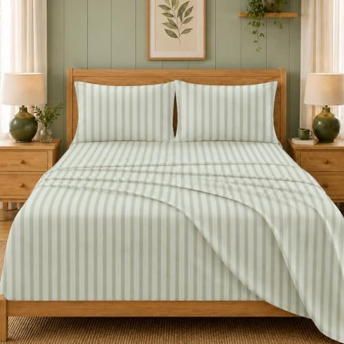 Ivellow Sage Green Striped King Bed Sheets - 4pc Ticking Bedding Set