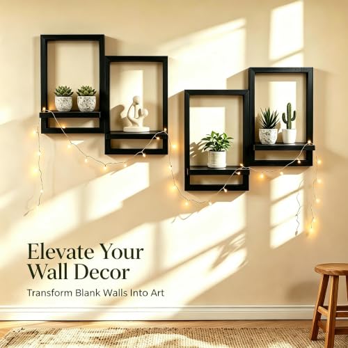 Rectangular Wooden Wall Shelf for Indoor Plants - Set of 2 Black Shelves