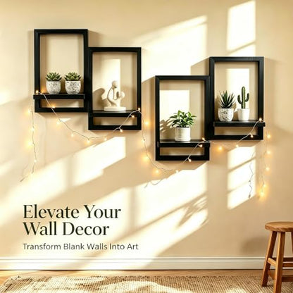 Rectangular Wooden Wall Shelf for Indoor Plants - Set of 2 Black Shelves