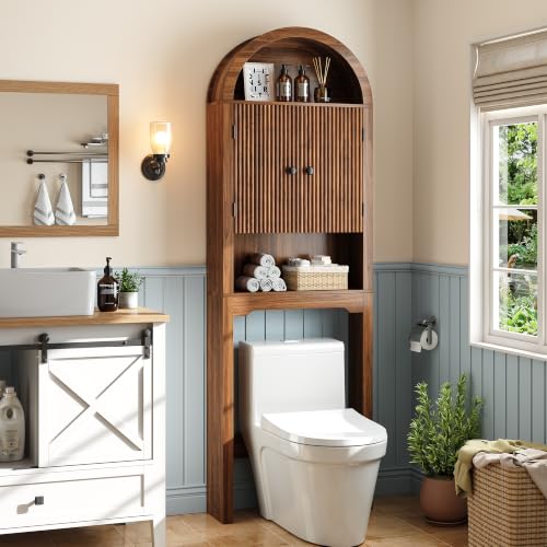 Over The Toilet Storage Cabinet Walnut Oak Bathroom Organizer with Arched Design