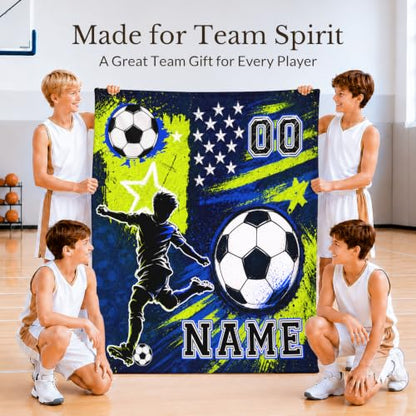 Personalized Soccer Blanket for Boys - Green Team Gift, Custom Kids Throw