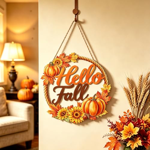 Fall Door Wreath Decor with Pumpkins Sunflowers & Hello Fall Sign