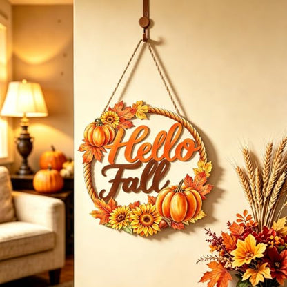 Fall Door Wreath Decor with Pumpkins Sunflowers & Hello Fall Sign