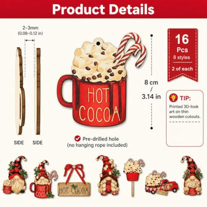 Red 16 PCS Christmas Wooden Ornaments Hot Cocoa Gnome Decor - Festive Holiday Decorations