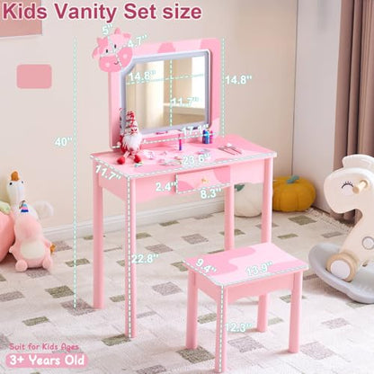 Kids Vanity Set with LED Mirror & Cow Shape - Pink with Cow Pattern
