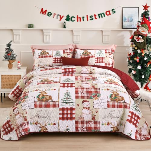 Christmas Quilt Set Queen Size 3-Piece Bedspread Bedding with Reindeer Snowman Pattern - Red & Green
