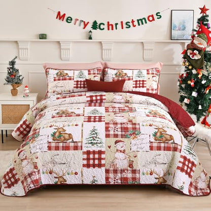 Christmas Quilt Set Queen Size 3-Piece Bedspread Bedding with Reindeer Snowman Pattern - Red & Green