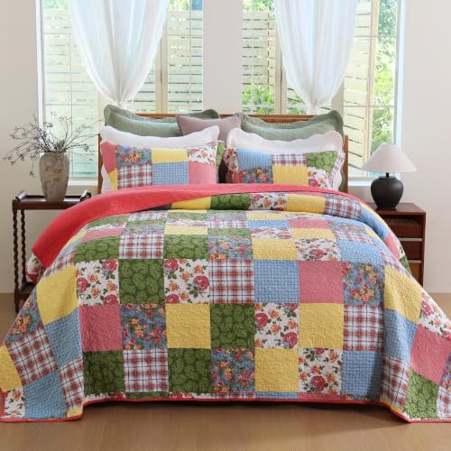 Queen Size Floral Patchwork Cotton Quilt Set with Pillow Shams - Red Yellow