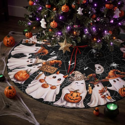 48 Inch Small Black Halloween Ghost Tree Skirt - Spooky Tree Decorations