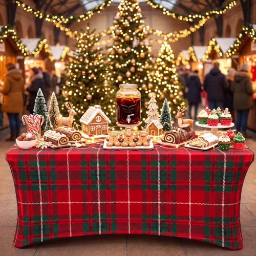 Christmas Plaid Spandex Tablecloth 6FT Red and Green Plaid - Fitted Holiday Table Cover - Variation: Plaid